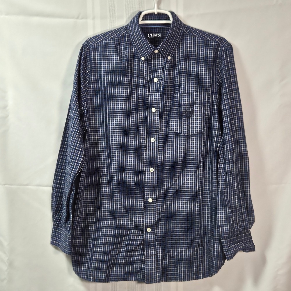 Chaps Button Down Shirt Mens S Navy Blue Grid Plaid Long Sleeve Pocket Cotton